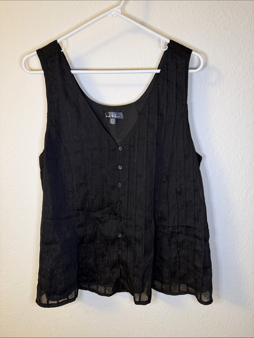 Nicole Miller Black Sleeveless Button-Down Sheer Top